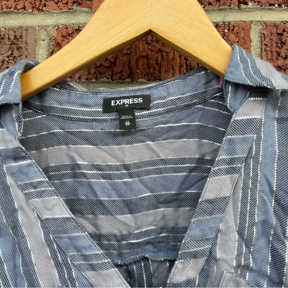 Express Gray Light Pink V Neck Striped Blouse Top